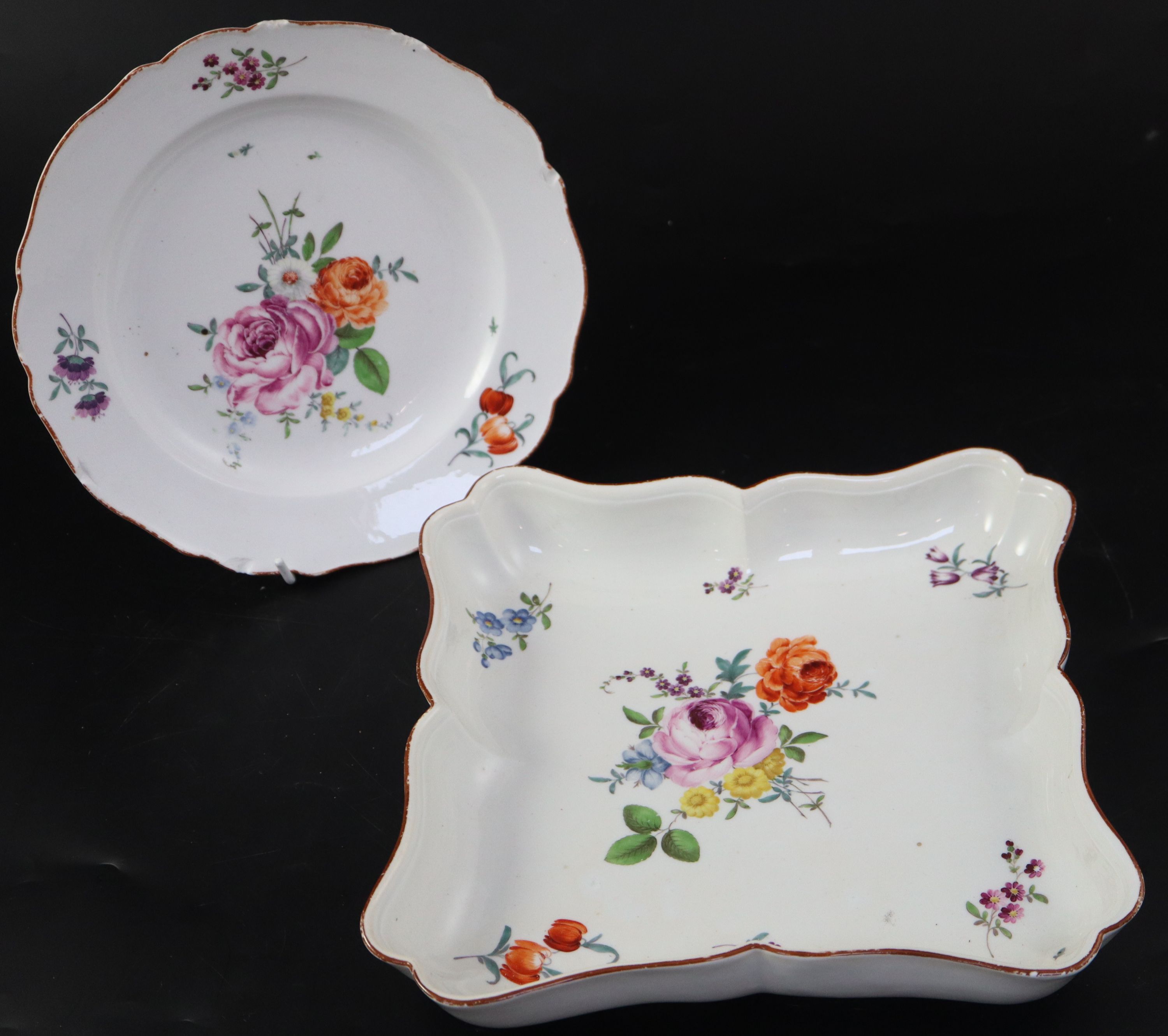 Two Meissen dishes,A Meissen square shaped dish, 26cm and 23.5cm